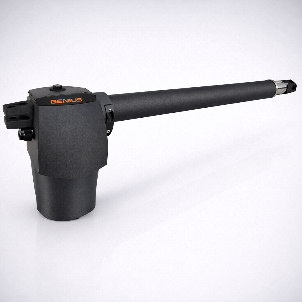 GENIUS BAT 300 / PISTÓN / 300 KG. / 110 - 120 VCA 60 HZ / ELECTROMECÁNICO, RESIDENCIAL, SUAVE, Y SILENCIOSO, DESBLOQUEO MANUAL CUBIERTA DE VASTAGO, HERRAJES Y TORNILLOS.