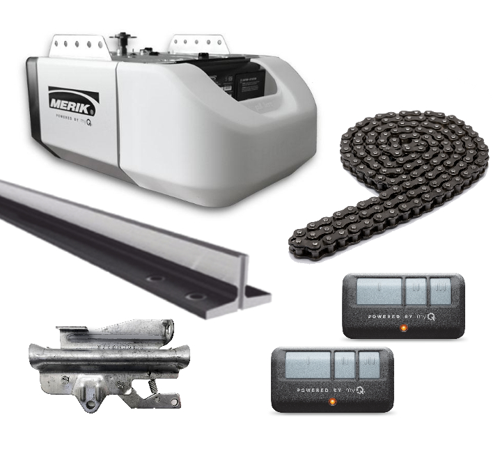 KIT / MERIK 711W / ¾ HP USO RESIDENCIAL / 120 V 60 HZ, MOTOR 24VDC / CONECTIVIDAD WI-FI Y BLUETOOTH COMPATIBLE MYQ / MOTOR, 2 TRANSMISORES / BOTÓN INTERIOR / SENSORES DE SEGURIDAD / RIEL TIPO T DE 8 PIES (CARRO DE TRACCIÓN, CADENA)