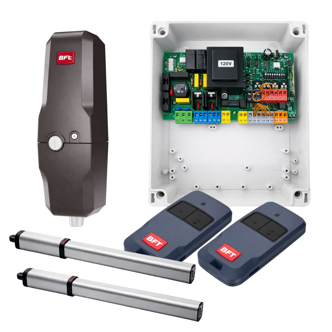 KIT 2 HOJAS / BFT LUX GV / HASTA 300 KG POR HOJA ABATIBLE / 110–127 V 60 HZ / SISTEMA HIDRAHULICO PARA USO RESIDENCIAL / PISTÓN / CAPACITOR / CUBIERTA / TORNILLERÍA Y HERRAJES / CENTRAL DE MANDO (CON DESACELERACION) / 2 TRANSMISORES MITTO / CHAPA.