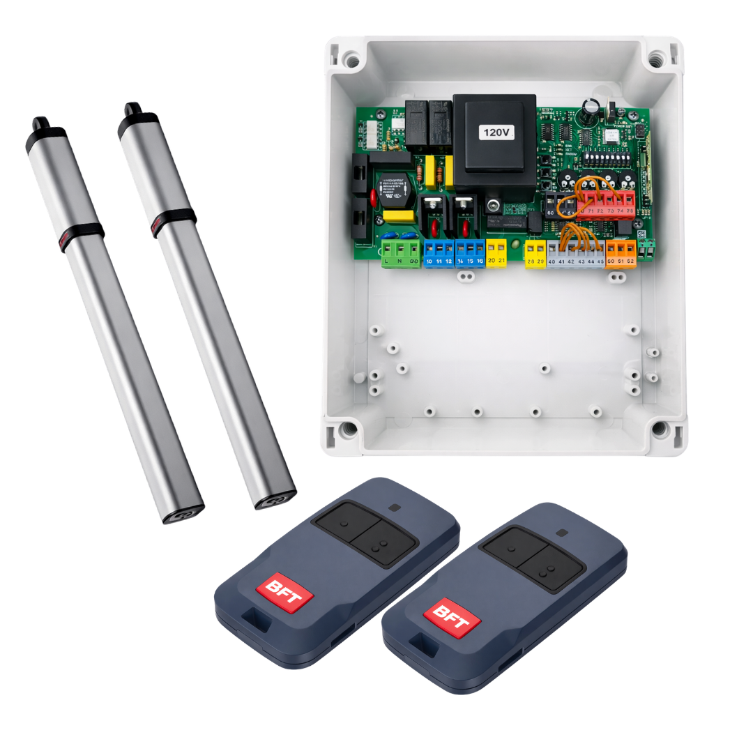 KIT 2 HOJAS/ BFT LUX 2B / HASTA 300 KG. POR HOJA ABATIBLE / 110 - 120VCA 60 HZ / HIDRÁULICO / LLAVE TRIANGULAR / PARA USO RESIDENCIAL / PISTON, CAPACITOR / CUBIERTA / TORNILLERIA / HERRAJES / CENTRAL DE MANDO (CON DESACELERACION) / 2 TRANSMISORES MITTO.