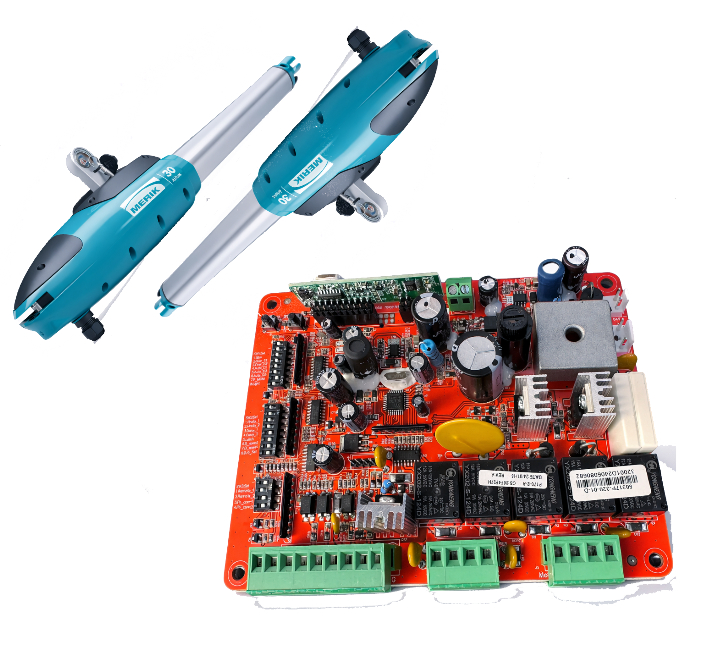KIT 2 HOJAS / PISTONES MERIK 230 PLUS / 250 KG POR HOJA USO RESIDENCIAL / 120 V 60 HZ / PISTONES ELECTROMECÁNICOS, 2 CONTROLES, TARJETA PC170, HERRAJES, CABLEADO, Y BATERÍA DE RESPALDO.