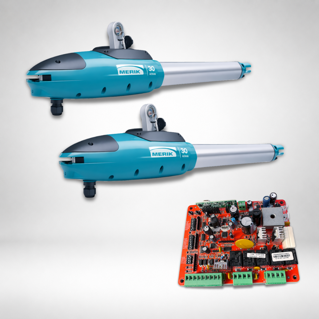 KIT 2 HOJAS / PISTONES MERIK 230 PLUS / 250 KG POR HOJA USO RESIDENCIAL / 120 V 60 HZ / PISTONES ELECTROMECÁNICOS, 2 CONTROLES, TARJETA PC170, HERRAJES, CABLEADO, Y BATERÍA DE RESPALDO.