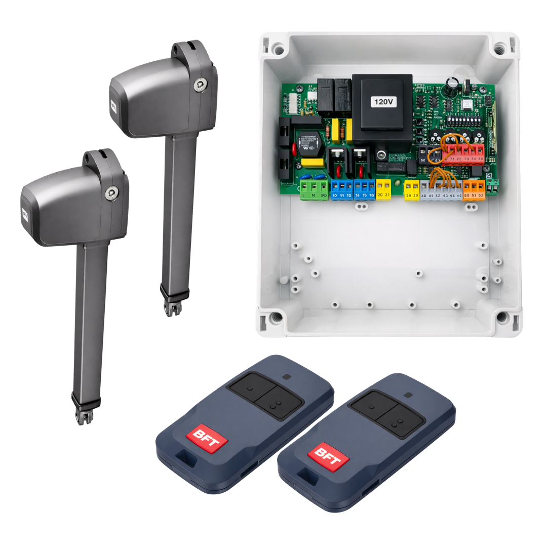 KIT 2 HOJAS / BFT ATHOS / HASTA 400KG. POR HOJA ABATIBLE / 110-120 V / SISTEMA ELECTROMECÁNICO USO RESIDENCIAL, COMPACTO, 90°, INSTALACIÓN RÁPIDA, MAXIMA POTENCIA/ PISTONES ELECTROMECÁNICO, 2 TRANSMISORES MITTO, CONTROL DE MANDO