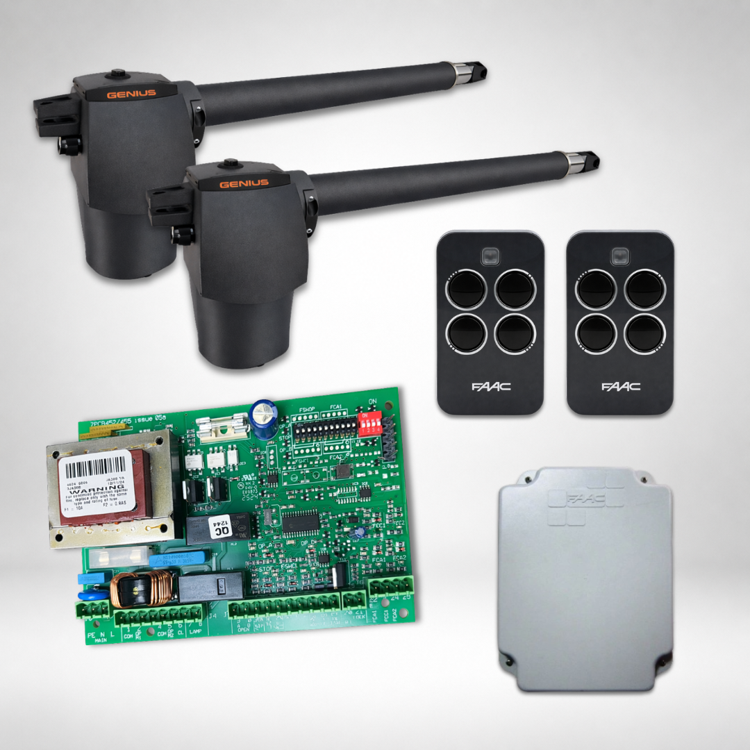 KIT 2 HOJAS / GENIUS BAT 300 / 300 KG. / 110 - 120 VCA 60 HZ / ELECTROMECÁNICO, RESIDENCIAL, SUAVE, Y SILENCIOSO, DESBLOQUEO MANUAL CUBIERTA DE VASTAGO, HERRAJES Y TORNILLOS.