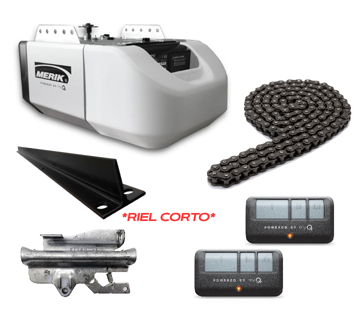 KIT RIEL CORTO / MERIK 711W / ¾ HP USO RESIDENCIAL / 120 V 60 HZ, MOTOR 24VDC / CONECTIVIDAD WI-FI Y BLUETOOTH COMPATIBLE MYQ / MOTOR, 2 TRANSMISORES, BOTÓN INTERIOR, SENSORES DE SEGURIDAD, RIEL MONTABLE TIPO T DE 8 PIES (CARRO DE TRACCIÓN, CADENA )