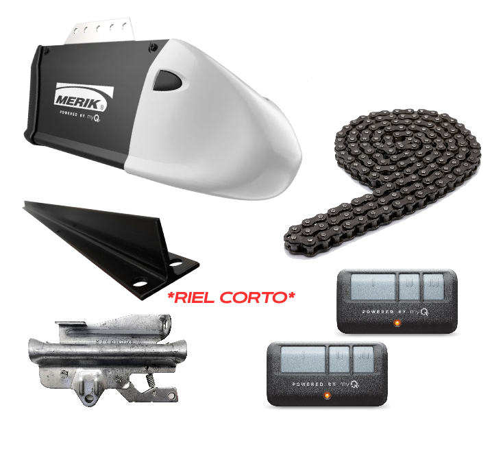 KIT RIEL CORTO / MERIK 511W / ½ HP USO RESIDENCIAL / 120 V 60 HZ, MOTOR CA / CONECTIVIDAD WI-FI Y BLUETOOTH COMPATIBLE MYQ / MOTOR, 2 TRANSMISORES, BOTÓN INTERIOR, SENSORES DE SEGURIDAD, RIEL MONTABLE TIPO T DE 8 PIES (CARRO DE TRACCIÓN, CADENA )