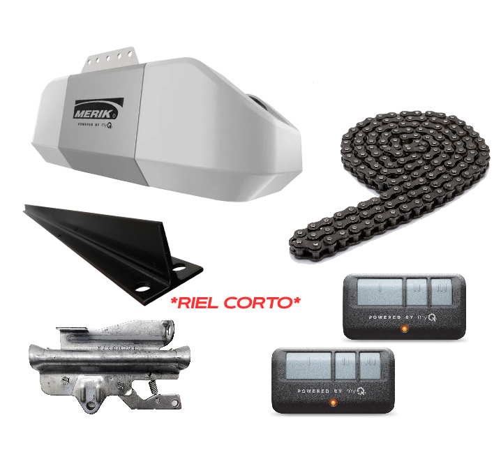 KIT RIEL CORTO / MERIK 7512W / ¾ HP USO RESIDENCIAL / 120 V 60 HZ, MOTOR 24VDC / CONECTIVIDAD WI-FI Y BLUETOOTH COMPATIBLE MYQ / MOTOR, 2 TRANSMISORES, BOTÓN INTERIOR, SENSORES DE SEGURIDAD, RIEL MONTABLE TIPO T DE 8 PIES.