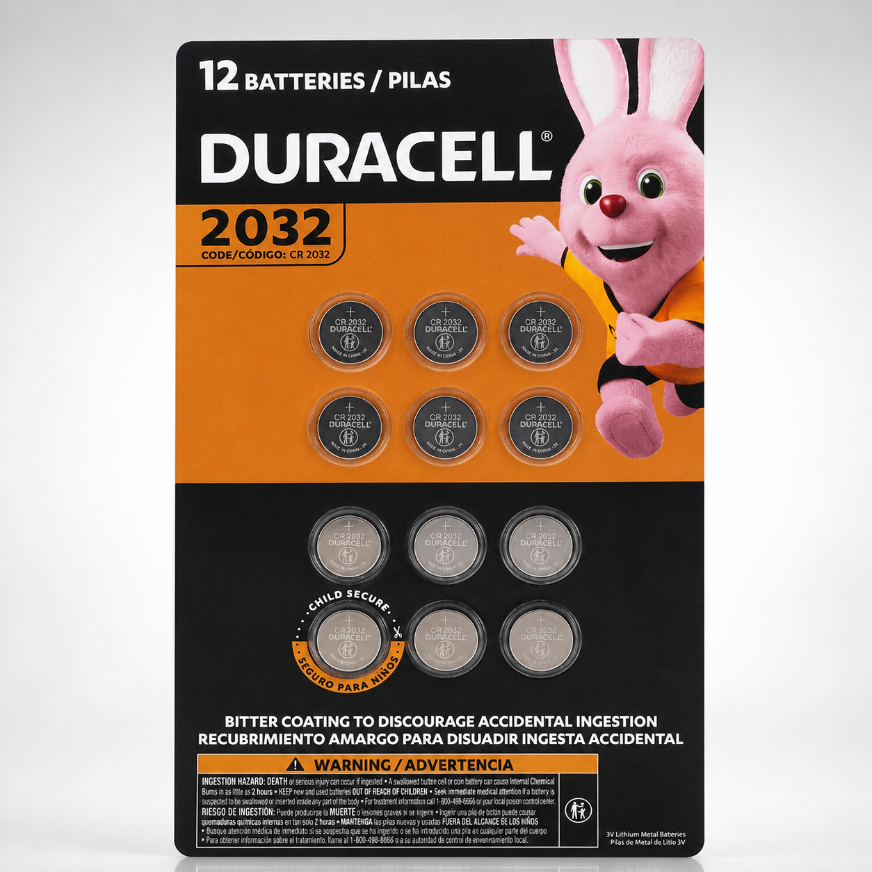 BATERIA LITIO 3V MOD. CR2032/DIMENSIONES 20X1.6MM// DURACELL//PAQUETE 12 PZS